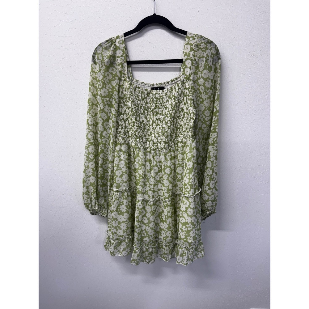 Lulu's Fresh Season Green Floral Smocked Balloon Sleeve Cottage Mini Dress Sz L - Picture 3 of 13